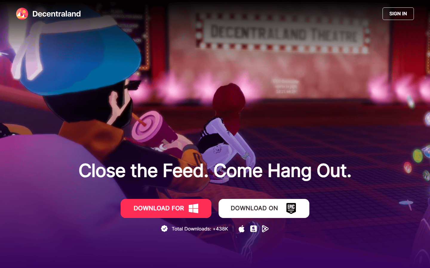 หน้าแรกเว็บไซต์ Decentraland มีปุ่มดาวน์โหลดสำหรับ Windows และ Epic Games Store พร้อมยอดดาวน์โหลดรวม