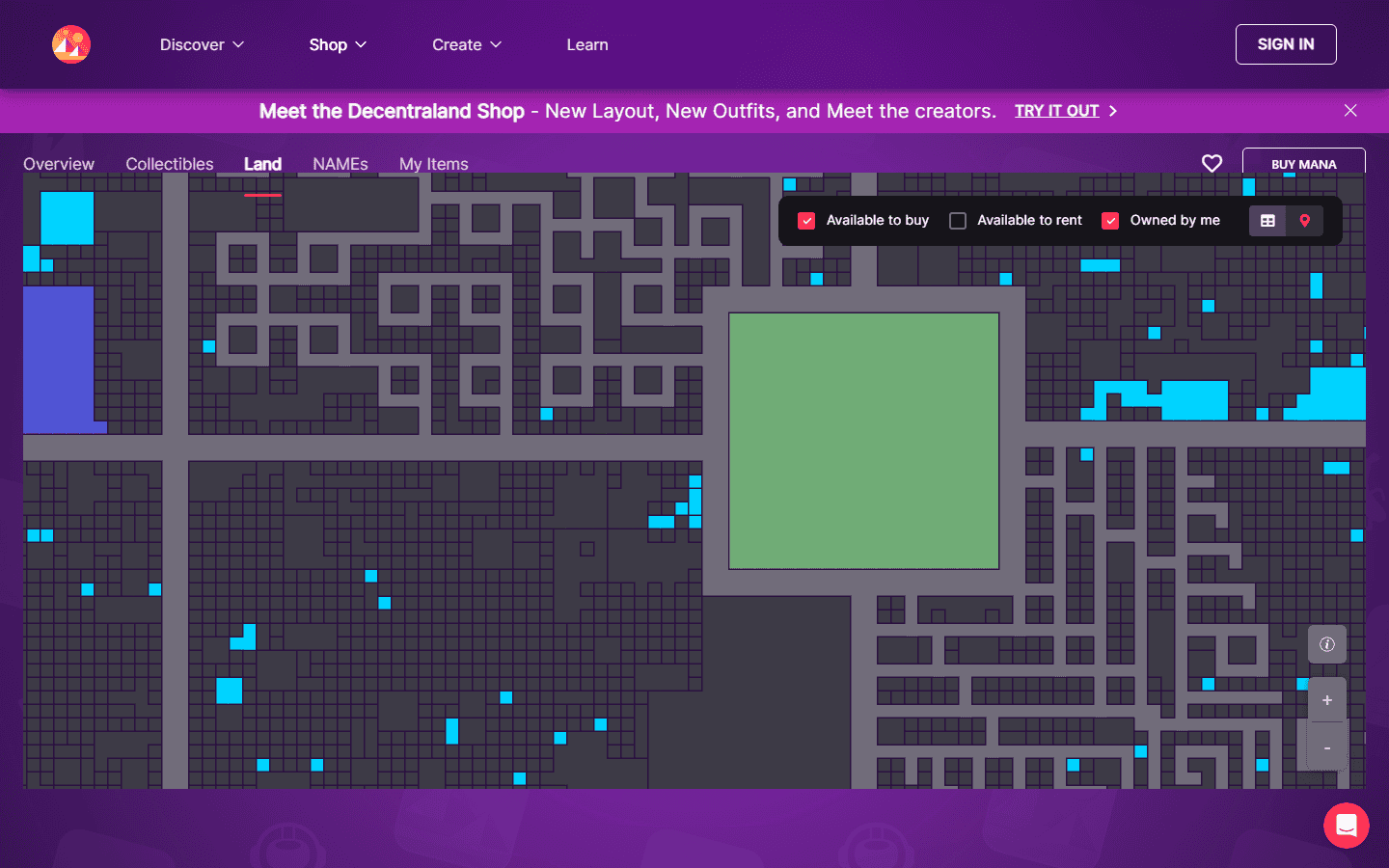 แผนที่ LAND ใน Marketplace ของ Decentraland พื้นที่สีเขียวตรงกลางคือ Genesis Plaza ถนนสีเทาแบ่ง District และแปลงที่ดิน