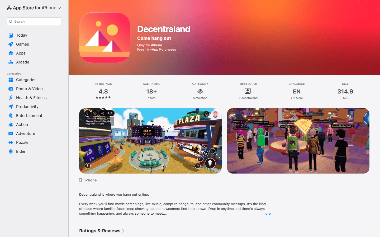 หน้าแอป Decentraland บน Apple App Store สำหรับ iPhone
