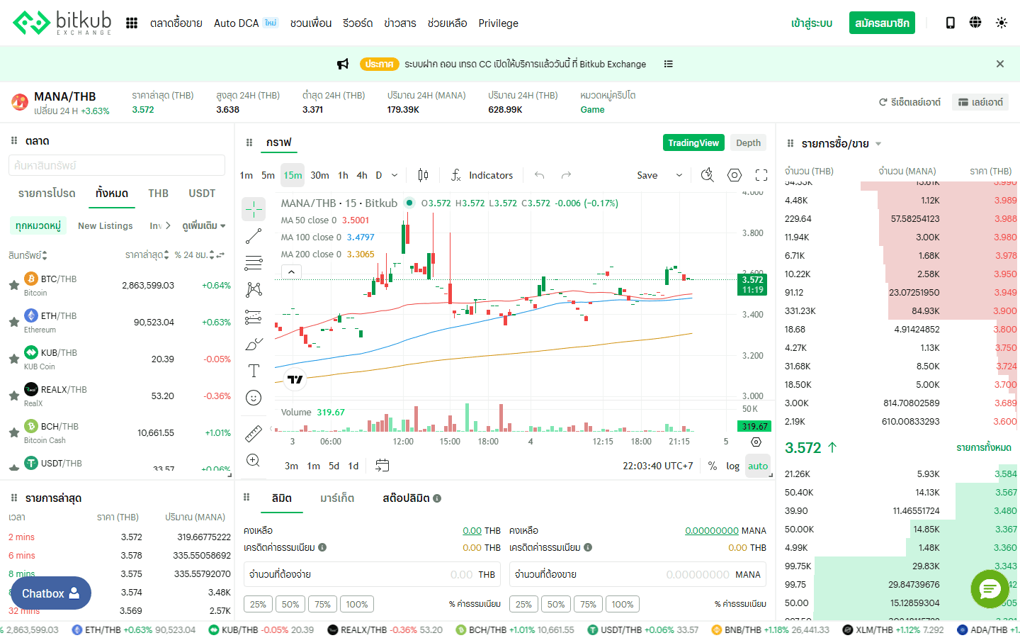 หน้าซื้อขายคู่ MANA/THB บน Bitkub Exchange