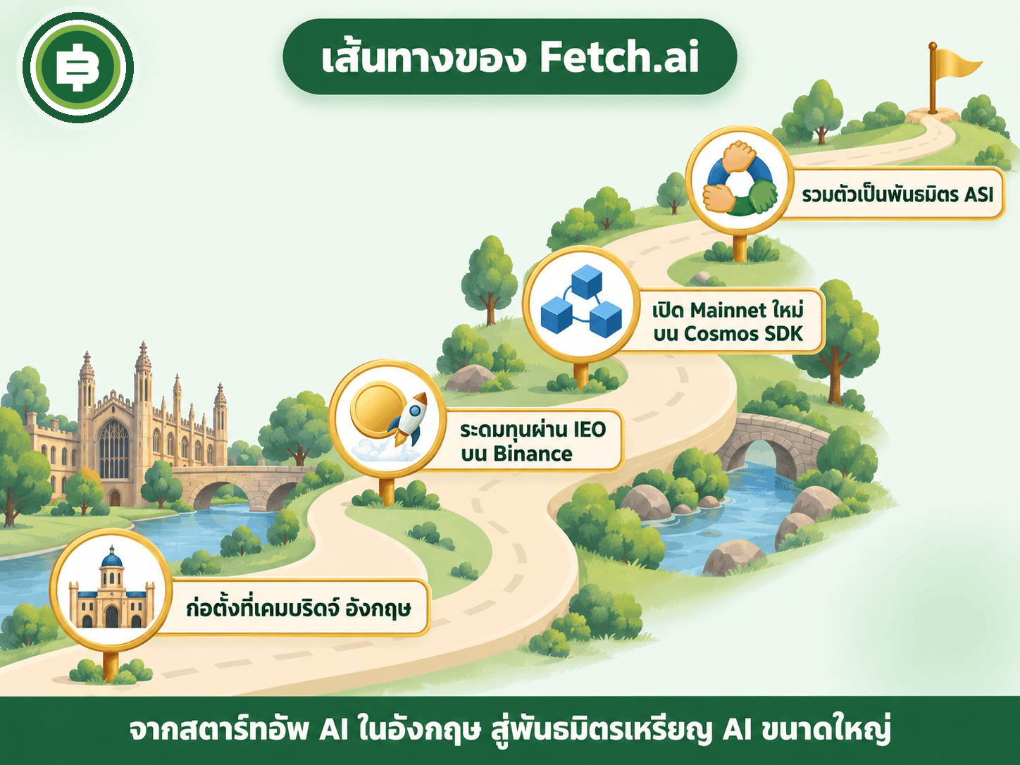เส้นทาง Fetch.ai ตั้งแต่ก่อตั้งที่เคมบริดจ์ปี 2017 ผ่าน IEO บน Binance ปี 2019 ถึงเปิด mainnet เวอร์ชัน 2 บน Cosmos SDK ปี 2021