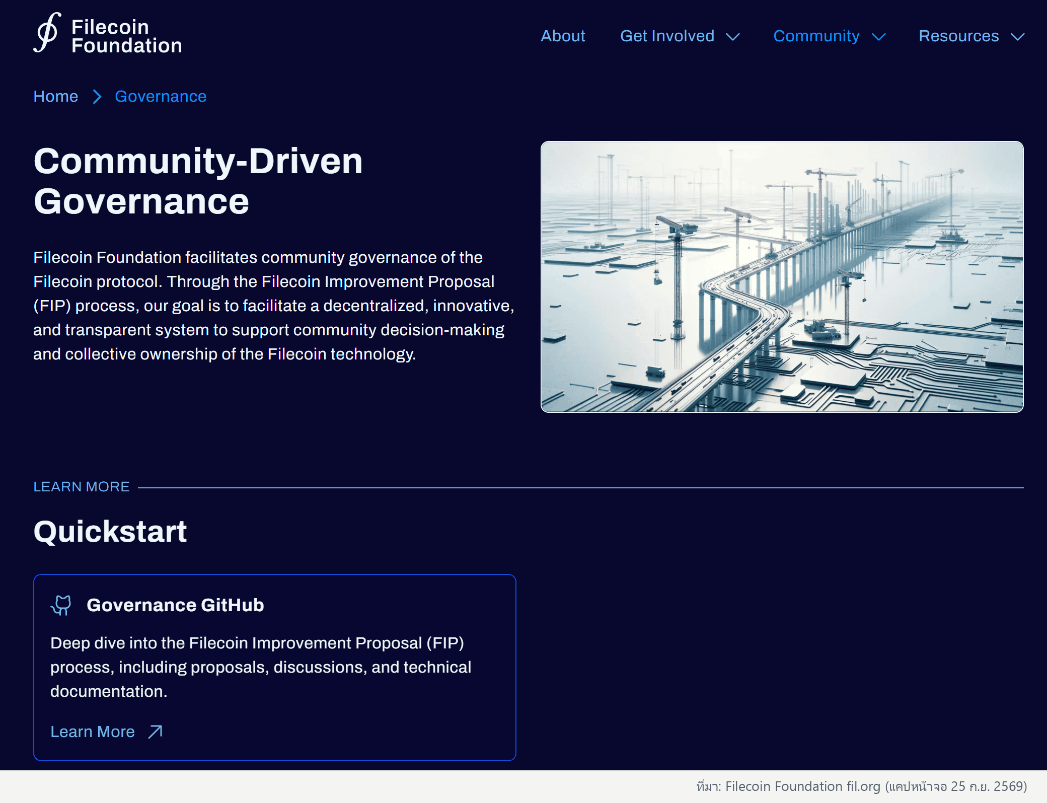 หน้า Governance ของ fil.org ยืนยัน Filecoin Foundation ดูแลธรรมาภิบาลชุมชนผ่านกระบวนการ FIP บน GitHub (ที่มา: fil.org)