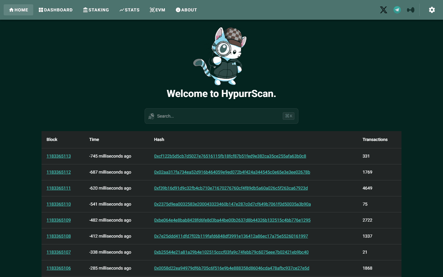 หน้าแรก HypurrScan ตัวสำรวจบล็อกเชน Hyperliquid ช่องค้นหา และตารางบล็อกล่าสุดพร้อมเวลา แฮช และจำนวนธุรกรรมต่อบล็อก