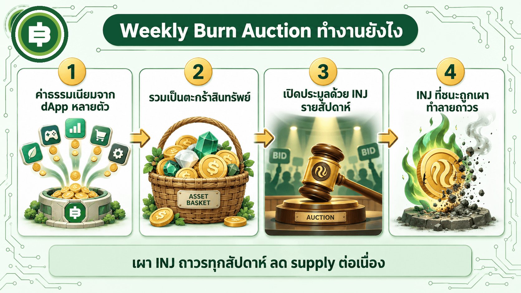 ขั้นตอนกลไก Weekly Burn Auction ค่าธรรมเนียมจาก dApp รวมเป็นตะกร้าสินทรัพย์ เปิดประมูลด้วย INJ รายสัปดาห์ INJ ที่ชนะประมูลถูกเผาถาวร