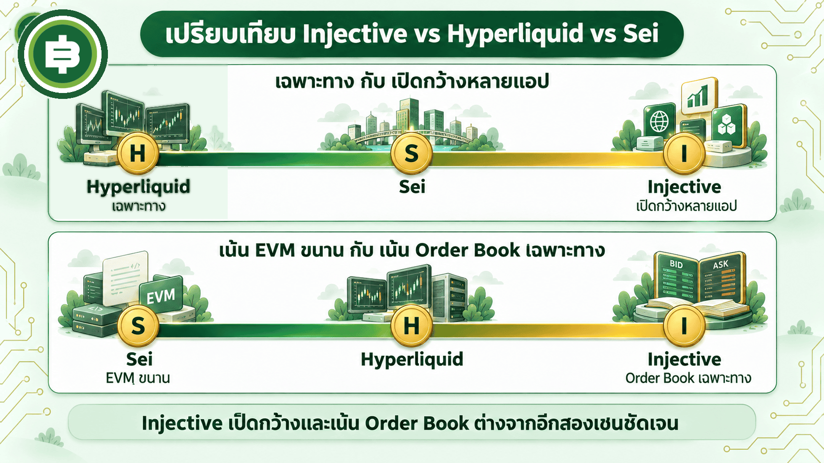 ตำแหน่ง Injective เทียบ Hyperliquid และ Sei บนสเปกตรัมเฉพาะทางเดียวถึงเปิดกว้างหลายแอป และเน้น EVM ขนานถึงเน้นออร์เดอร์บุ๊ก