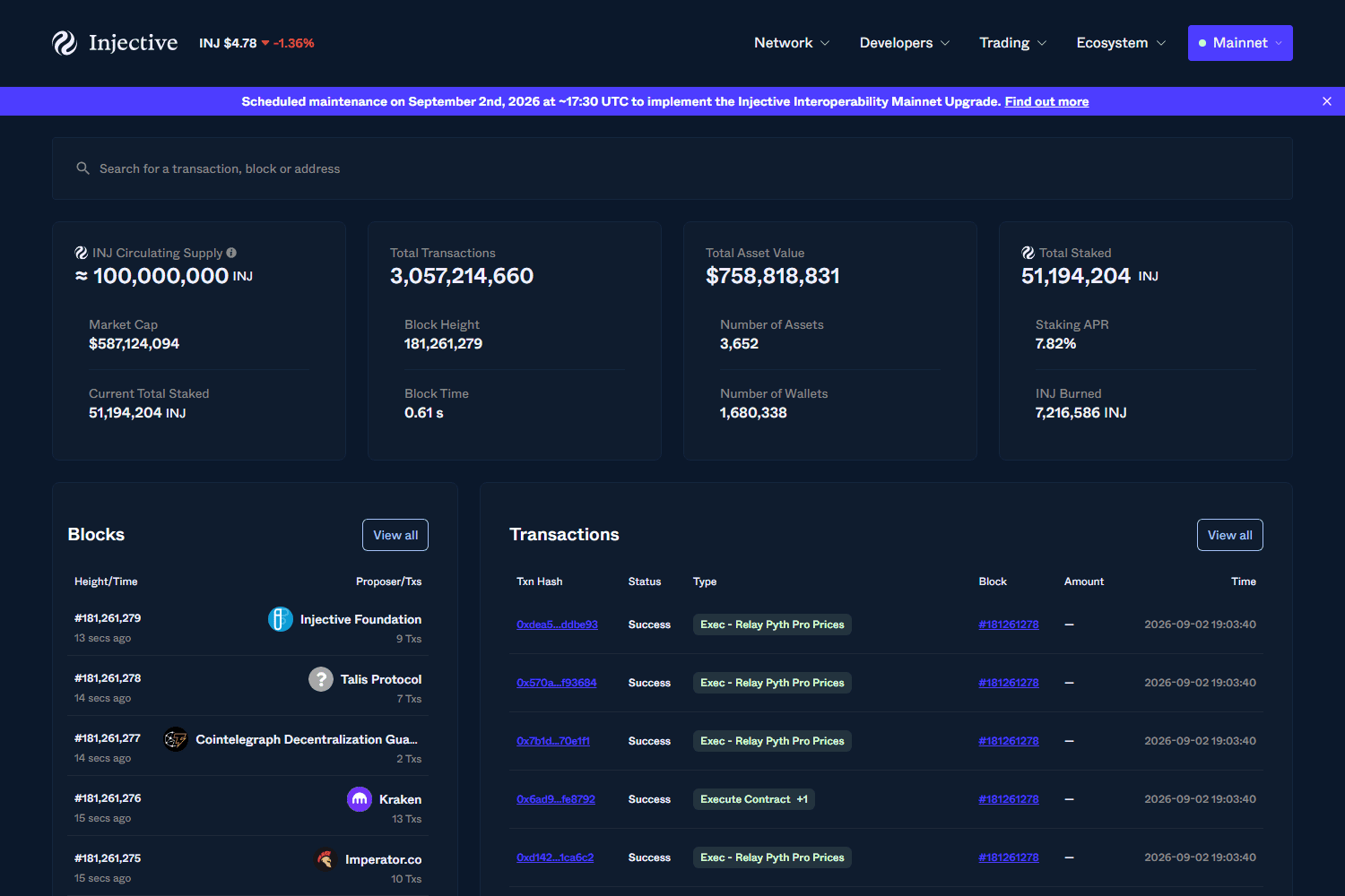 สถิติเครือข่าย Injective สดจาก explorer.injective.network: Total Staked, Staking APR, INJ Burned, Market Cap