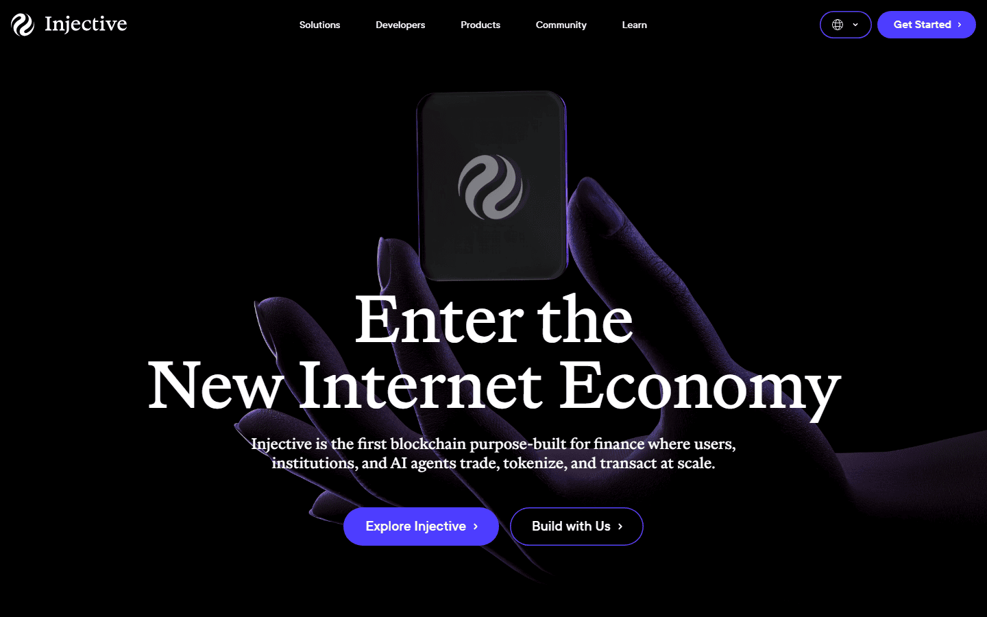 หน้าแรกเว็บทางการ injective.com ข้อความ Enter the New Internet Economy และคำอธิบายว่า Injective เป็นบล็อกเชนที่สร้างมาเพื่อการเงิน