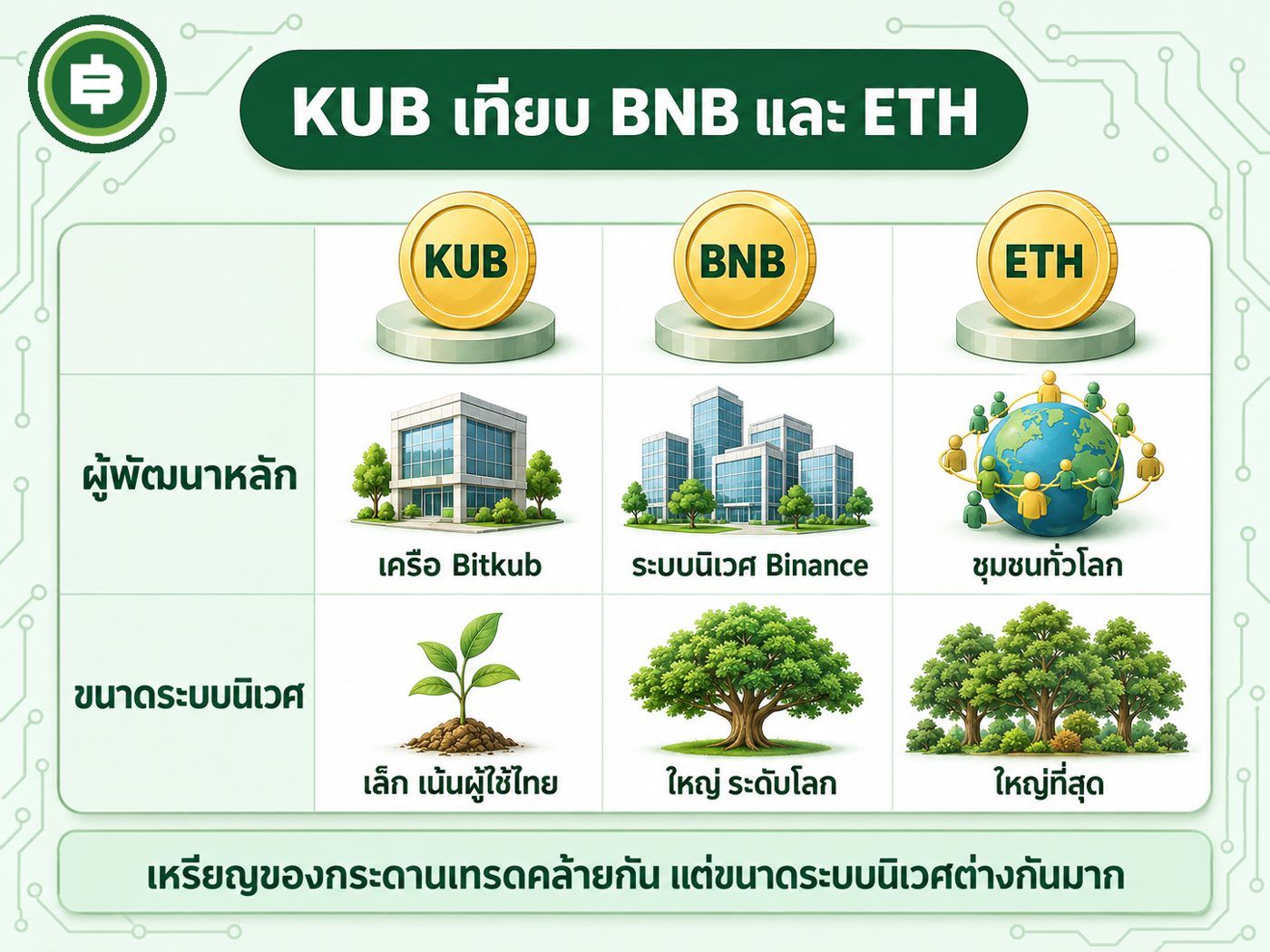 เปรียบเทียบ KUB BNB และ ETH ด้านผู้พัฒนาหลักและขนาดระบบนิเวศ
