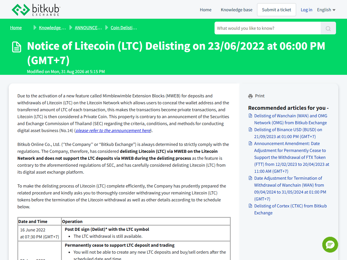 ประกาศทางการของ Bitkub เรื่องการถอด Litecoin ออกจากบริการ