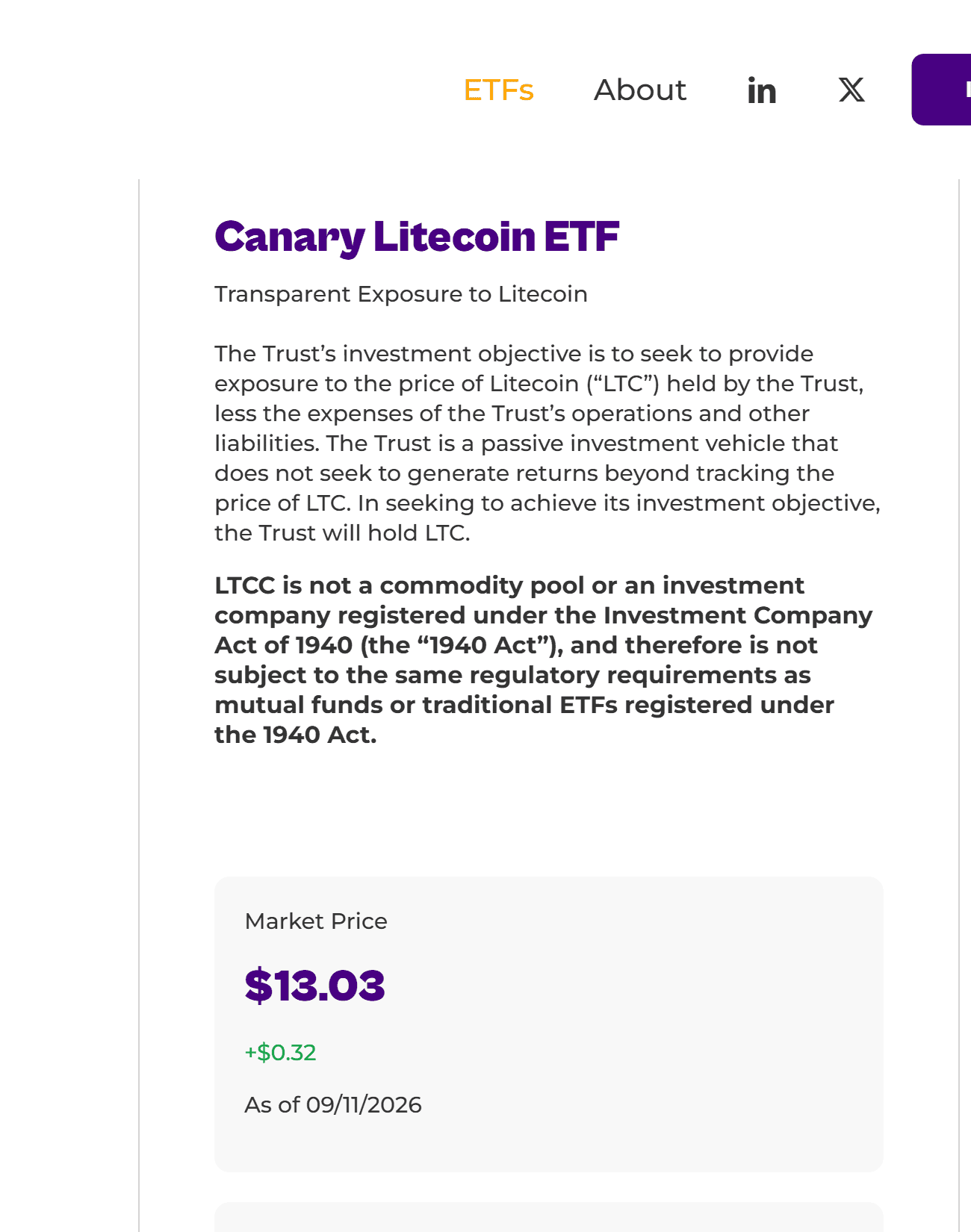 หน้าเว็บทางการของ Canary Litecoin ETF (LTCC)