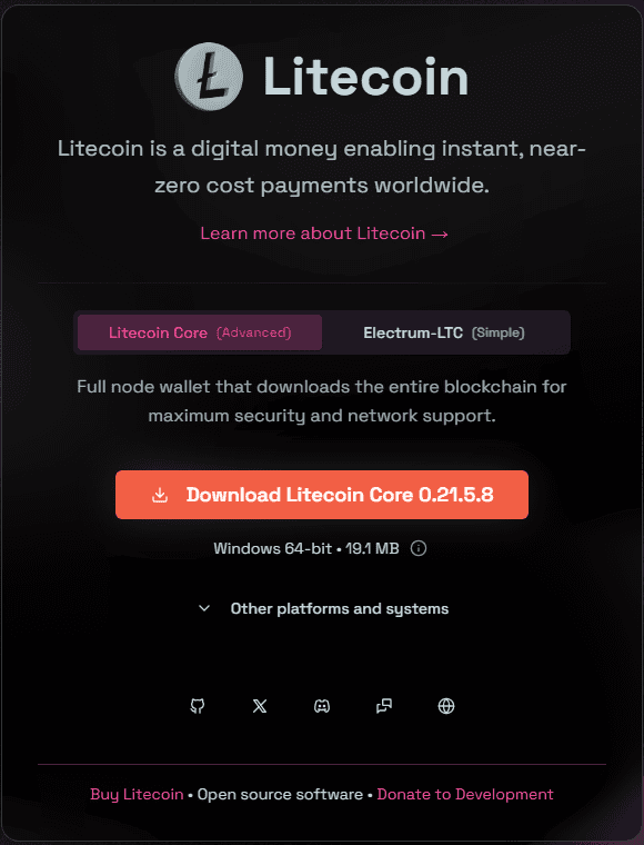 หน้าแรกเว็บไซต์ทางการของ Litecoin (litecoin.org)
