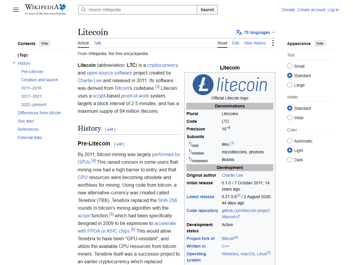 ข้อมูล Litecoin บน Wikipedia แสดงสถานะการพัฒนา Active