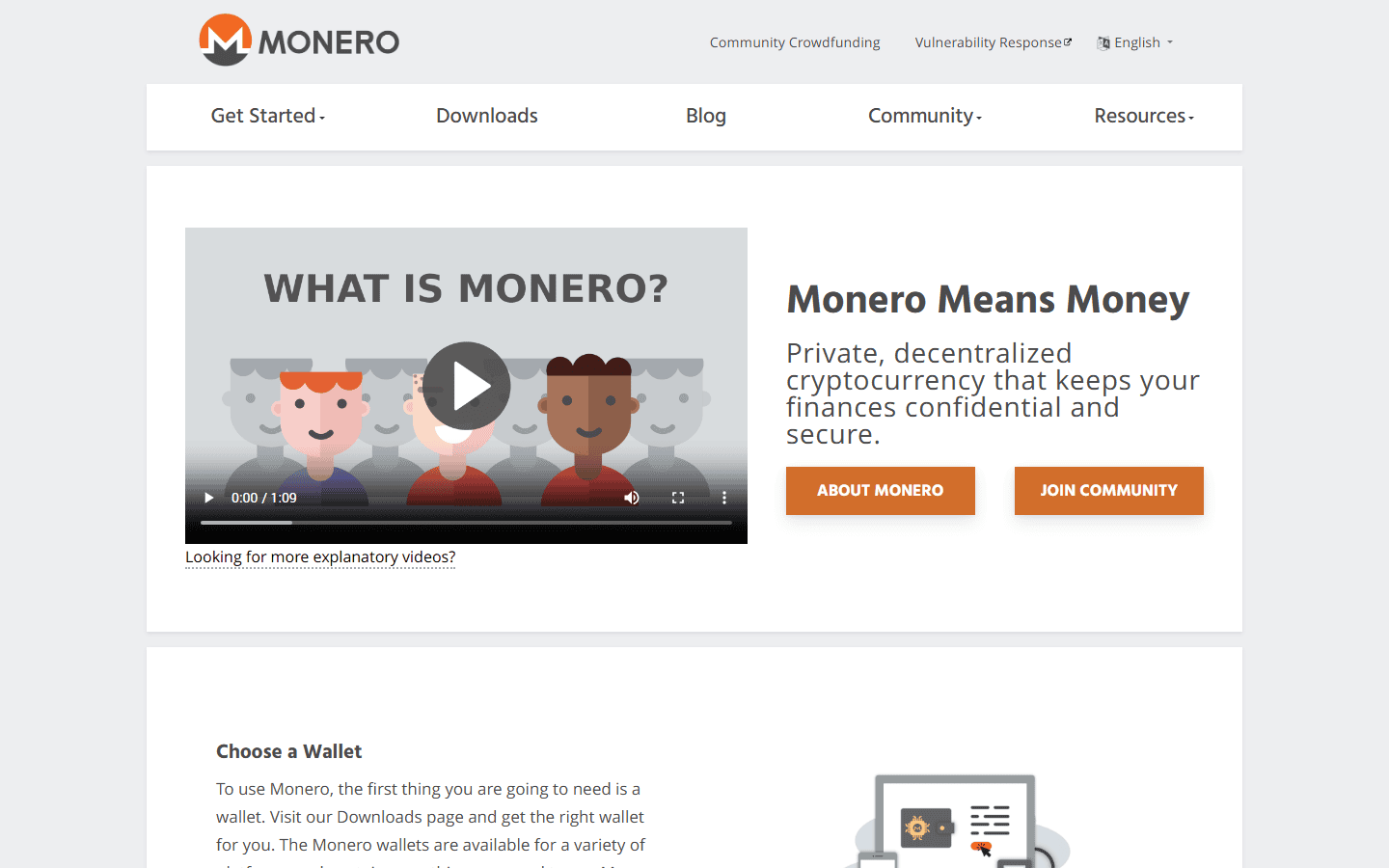 หน้าแรกเว็บทางการ getmonero.org ของ Monero สโลแกน Monero Means Money พร้อมวิดีโออธิบาย What is Monero