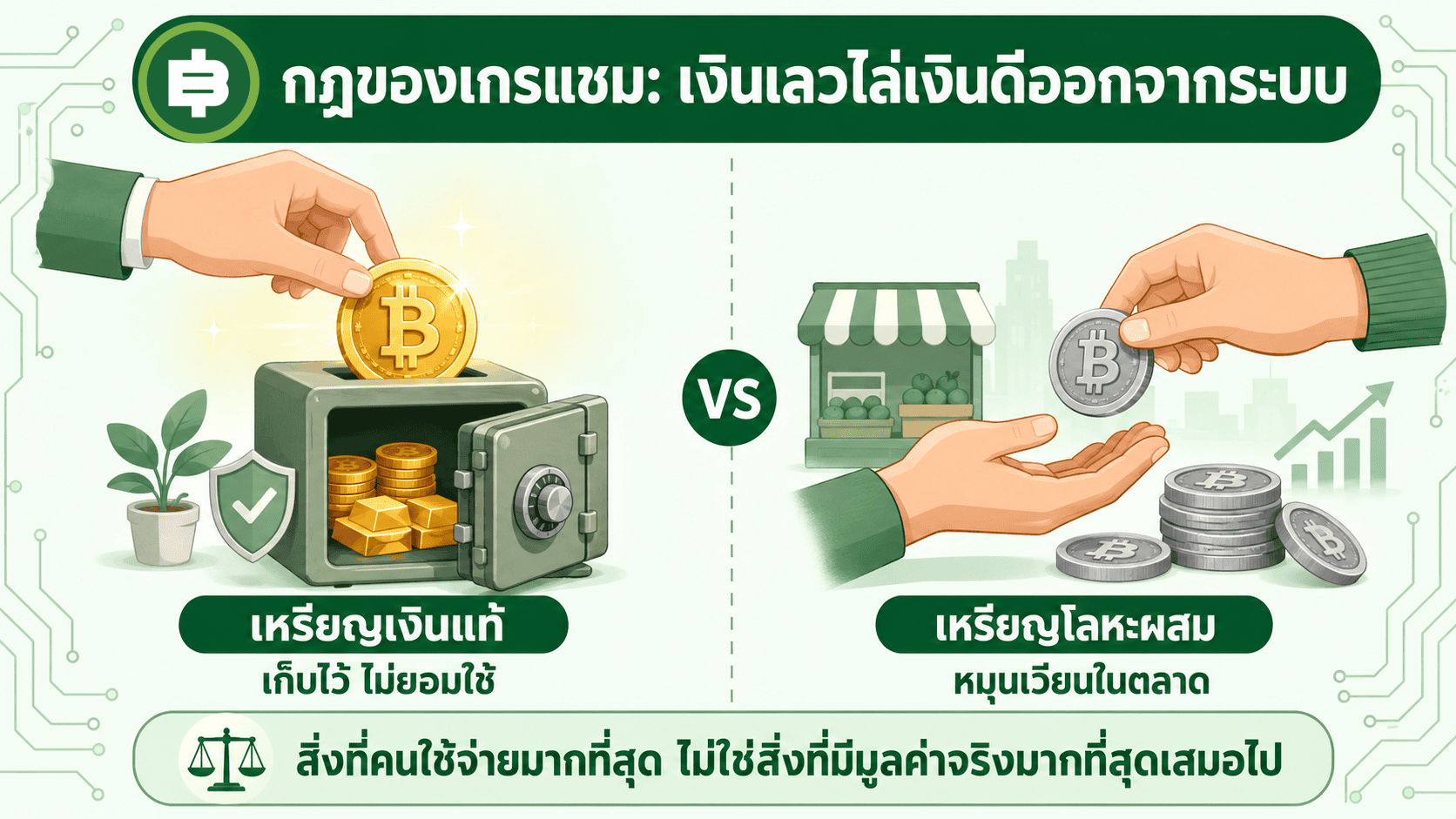 กฎของเกรแชม เงินเลวไล่เงินดีออกจากระบบ เหรียญเงินแท้ถูกเก็บ เหรียญโลหะผสมหมุนเวียน