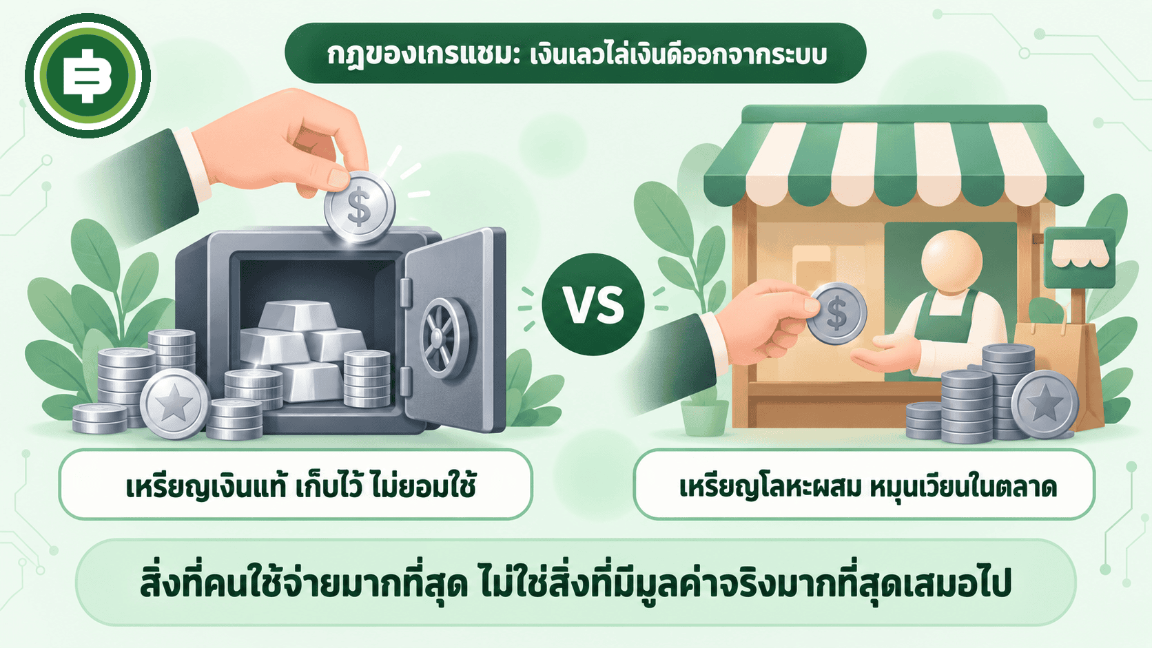 ไดอะแกรมกฎของเกรแชม ฝั่งหนึ่งคนเก็บเหรียญเงินแท้ไว้ไม่ยอมใช้ อีกฝั่งคนใช้จ่ายเหรียญโลหะผสมที่ด้อยค่ากว่าหมุนเวียนในตลาด