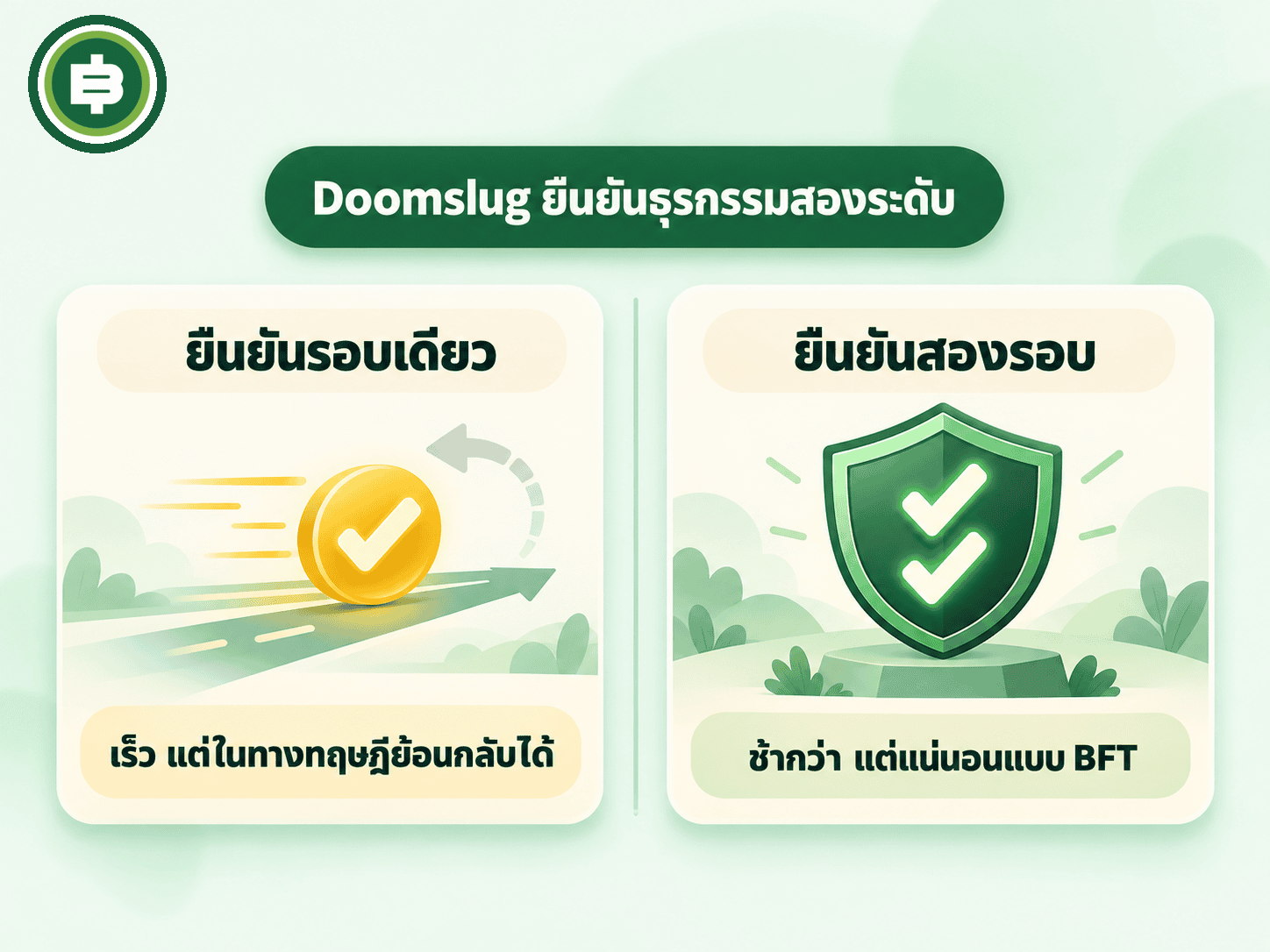 กลไก Doomslug ยืนยันสองระดับ รอบเดียวเร็วแต่ย้อนกลับได้ในทางทฤษฎี สองรอบช้ากว่าแต่แน่นอนแบบ BFT