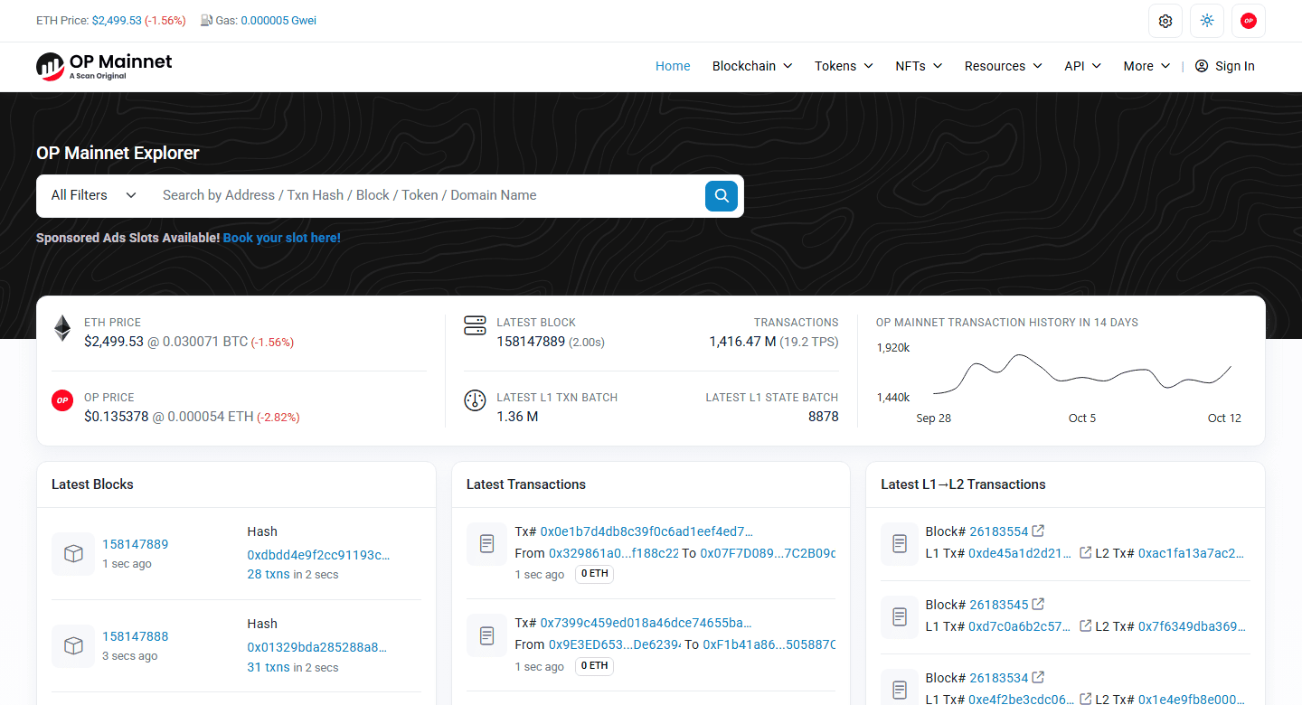 หน้าแรก OP Mainnet Explorer (optimistic.etherscan.io) แสดงจำนวนธุรกรรมสะสมราว 1,416 ล้านรายการ (19.2 TPS) บล็อกล่าสุด และกราฟธุรกรรมย้อนหลัง 14 วัน