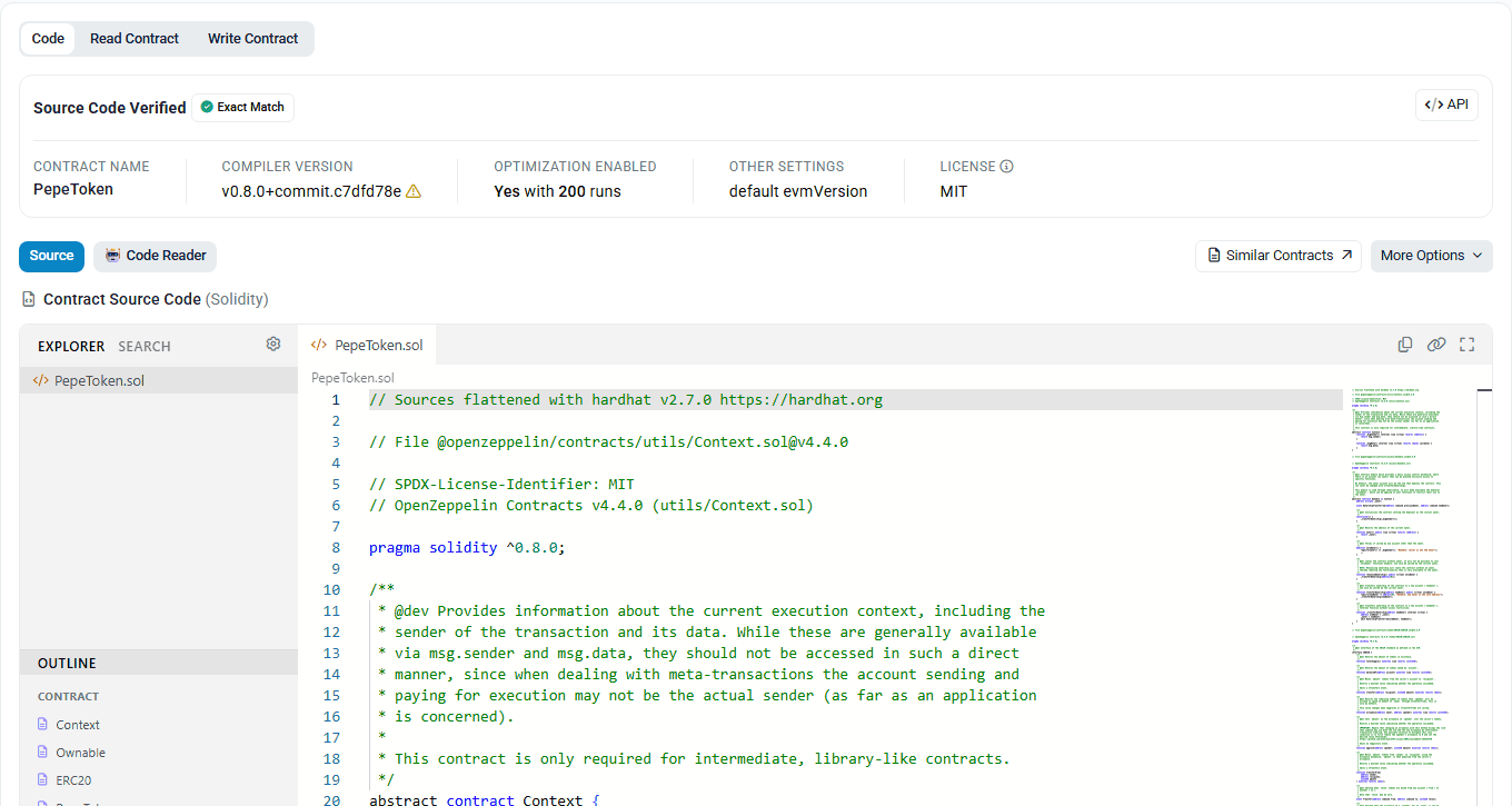 แท็บ Contract บน Etherscan ของสัญญา PEPE แสดงสถานะ Source Code Verified (Exact Match) ชื่อสัญญา PepeToken คอมไพเลอร์ v0.8.0 ใบอนุญาต MIT และซอร์สโค้ดภาษา Solidity