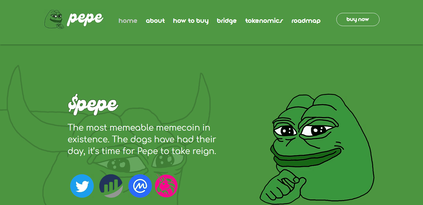 หน้าแรกเว็บ pepe.vip ข้อความ The most memeable memecoin in existence และภาพ Pepe พร้อมเมนู home, about, how to buy, bridge, tokenomics และ roadmap