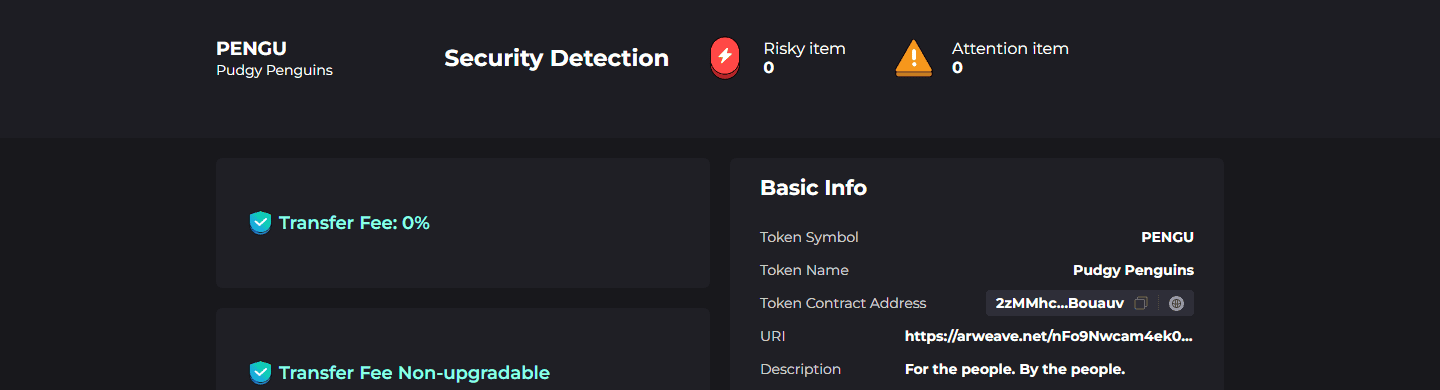 ผลตรวจ Token Security Detection for Solana ของ GoPlus สำหรับ PENGU แสดง Risky item 0, Attention item 0, Transfer Fee 0% และ Transfer Fee Non-upgradable พร้อมข้อมูล Basic Info ของโทเคน
