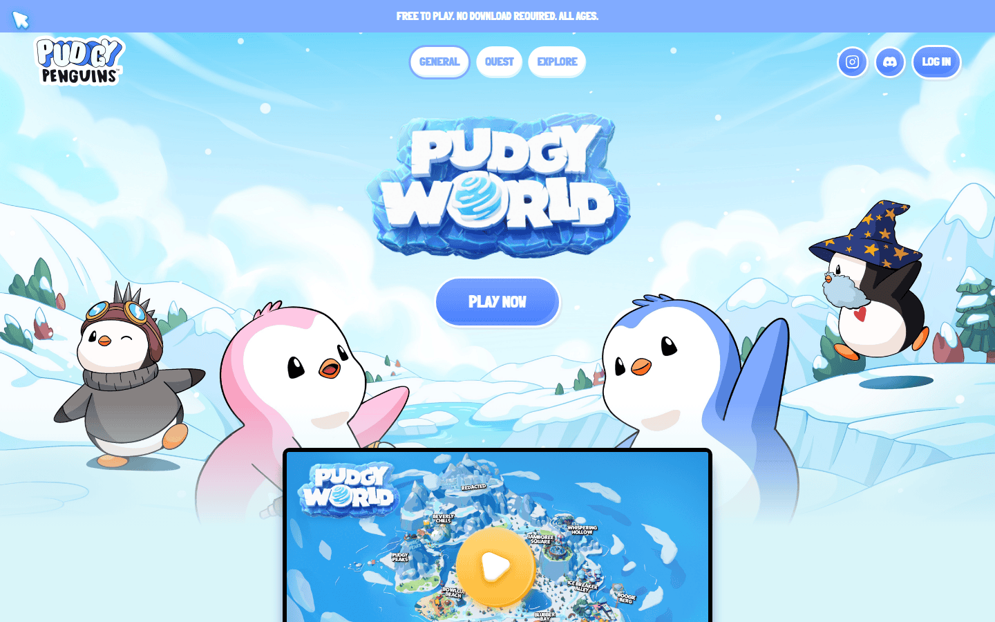 หน้าแรกเกม Pudgy World บน pudgyworld.com โลโก้ Pudgy World ปุ่ม Play now และแถบข้อความ Free to play. No download required. All ages. พร้อมแผนที่โลกในเกม