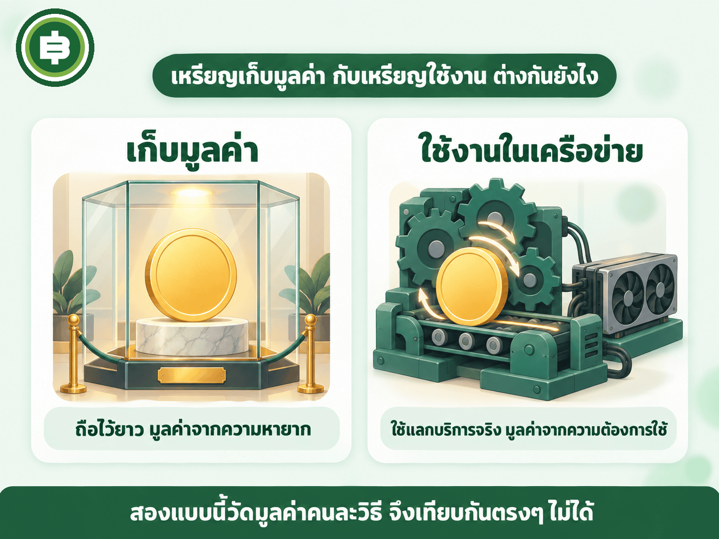 RENDER เป็น utility token ใช้แลกบริการประมวลผลจริง ต่างจาก Bitcoin ที่เป็น store of value
