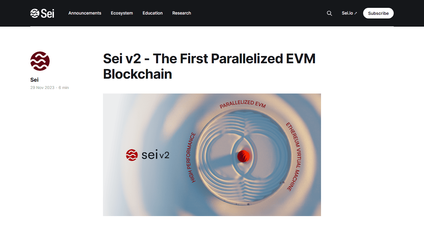 บล็อกทางการของ Sei ประกาศเปิดตัว Sei v2 รองรับ EVM แบบขนาน
