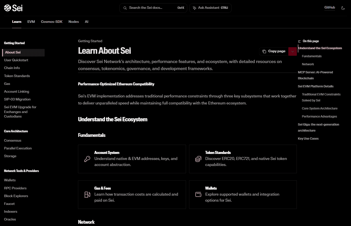 หน้าเอกสารทางการ Learn About Sei สรุปภาพรวมสถาปัตยกรรมเครือข่าย