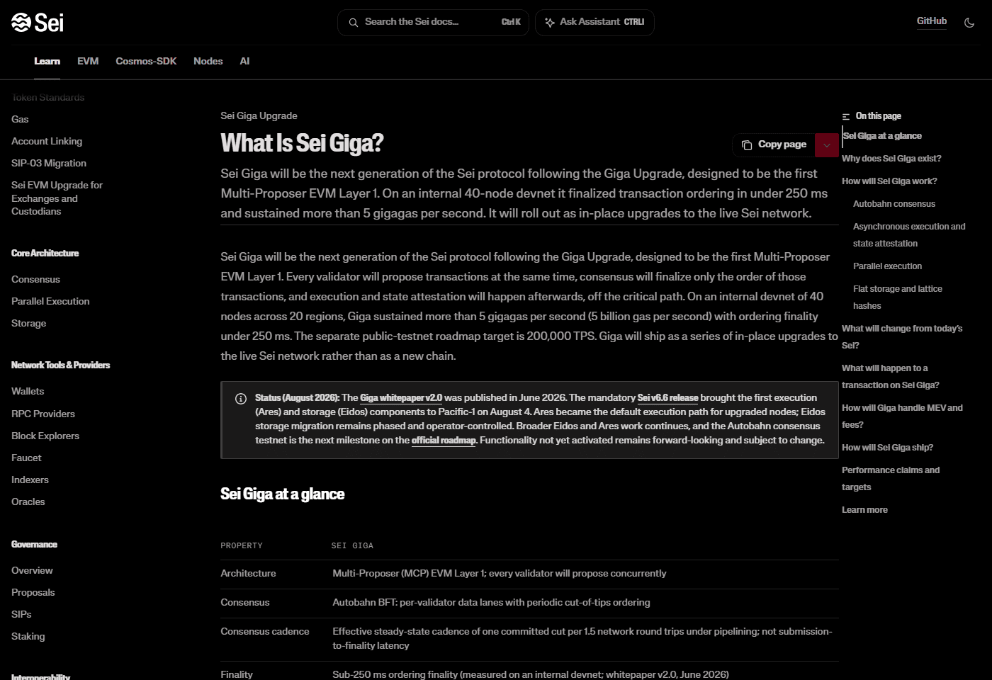 หน้าเอกสารทางการ What Is Sei Giga อธิบายแผนอัปเกรดประสิทธิภาพของ Sei