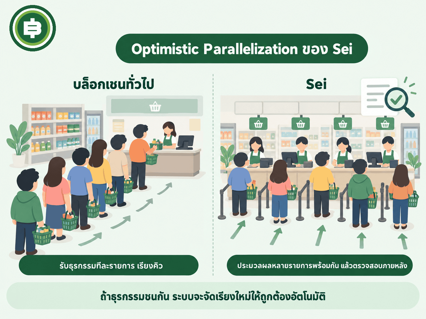 ไดอะแกรมอธิบายกลไก Optimistic Parallelization ของ Sei เทียบแคชเชียร์คนเดียวเรียงคิวกับหลายเคาน์เตอร์ทำงานพร้อมกัน