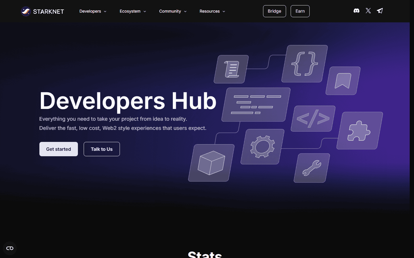 หน้า Developers Hub บน starknet.io ข้อความ Everything you need to take your project from idea to reality พร้อมปุ่ม Get started