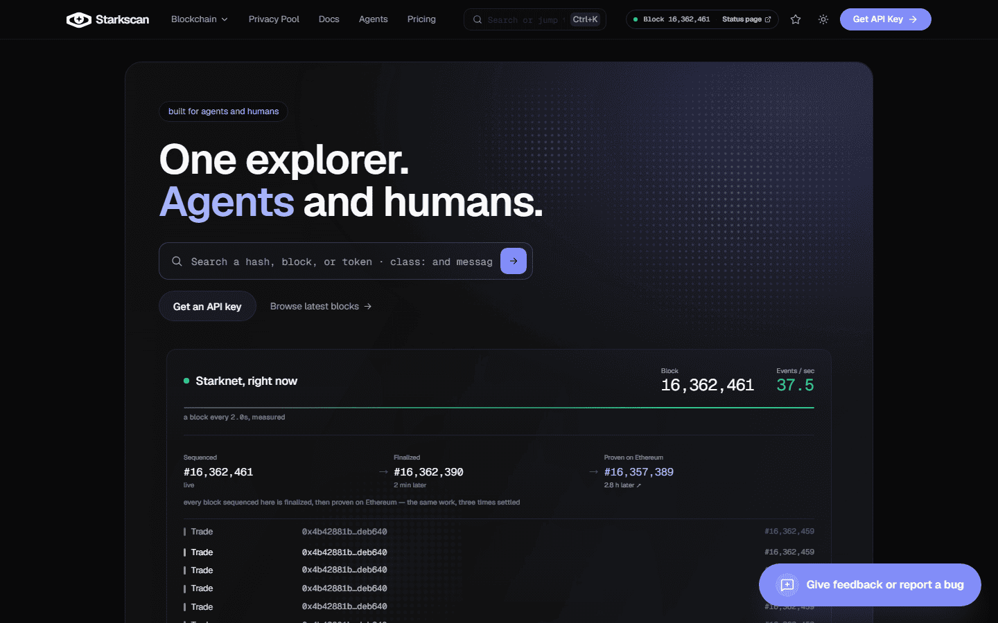หน้าแรก Starkscan ตัวสำรวจเครือข่าย Starknet แสดงบล็อกล่าสุดราว 16.36 ล้าน ขั้นตอน sequenced, finalized และ proven on Ethereum และรายการธุรกรรมล่าสุด
