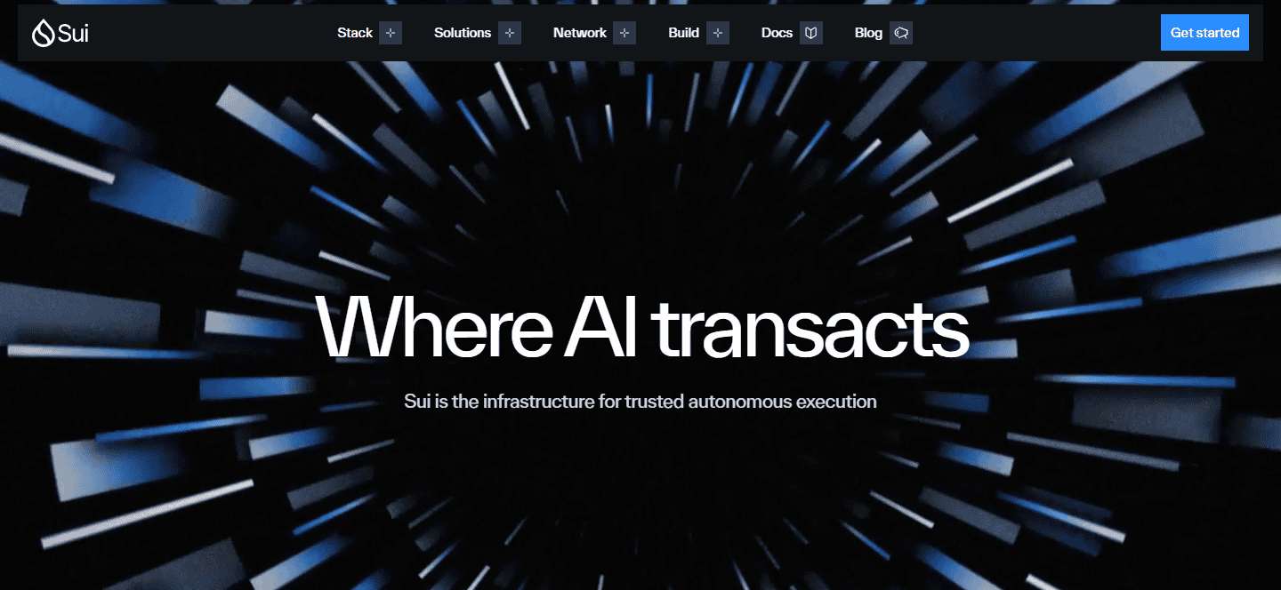 หน้าแรกเว็บทางการ sui.io ข้อความ Where AI transacts และ Sui is the infrastructure for trusted autonomous execution พร้อมเมนู Stack, Solutions, Network, Build, Docs และ Blog