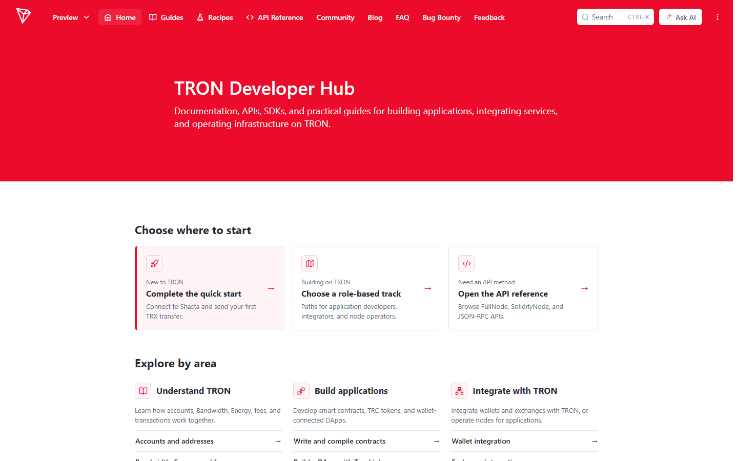 หน้า TRON Developer Hub บน developers.tron.network ข้อความ Documentation, APIs, SDKs, and practical guides for building applications พร้อมทางเลือกเริ่มต้น เช่น quick start, role-based track และ API reference