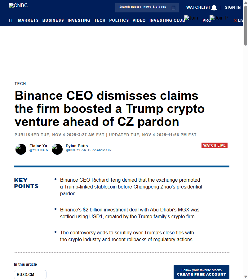 āļāđāļēāļ§ CNBC āļŠāļĢāļļāļāļāļĢāļ°āđāļāđāļāļāļĩāļĨ MGX-Binance 2,000 āļĨāđāļēāļāļāļāļĨāļĨāļēāļĢāđāļāļģāļĢāļ°āļāđāļ§āļĒ USD1 āđāļĨāļ°āļāļēāļĢāļāļ āļąāļĒāđāļāļĐ CZ