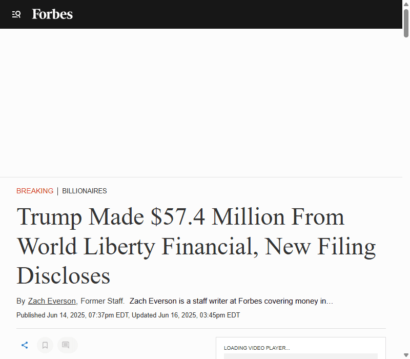 āļāđāļēāļ§ Forbes āļĢāļēāļĒāļāļēāļāļ§āđāļēāļāļĢāļąāļĄāļāđāļĄāļĩāļĢāļēāļĒāđāļāđ 57.4 āļĨāđāļēāļāļāļāļĨāļĨāļēāļĢāđāļāļēāļ World Liberty Financial āļāļēāļĄāđāļāļāļŠāļēāļĢāđāļāļīāļāđāļāļĒāļāļĢāļąāļāļĒāđāļŠāļīāļāļāļāļąāļāļāļĩ 2024