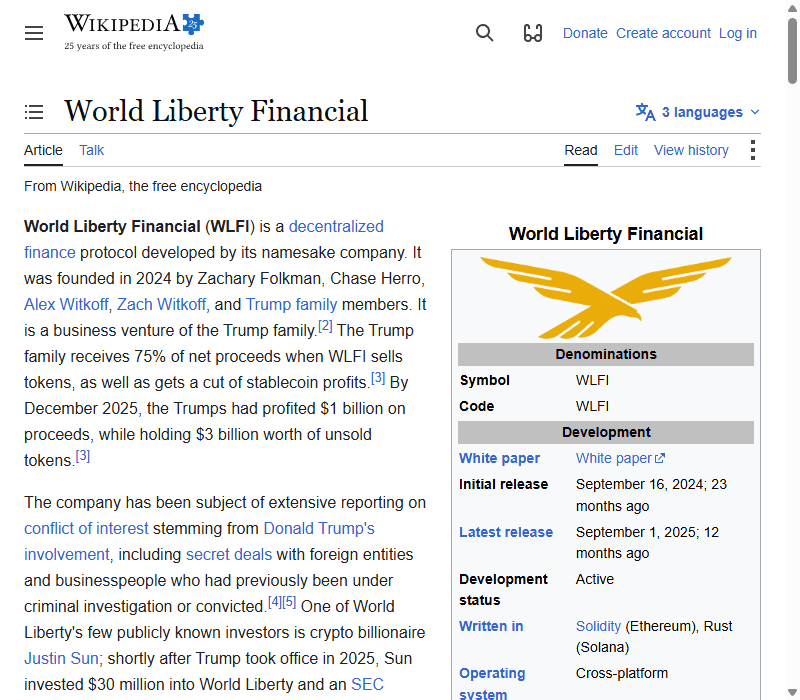 āļāļĨāđāļāļāļāđāļāļĄāļđāļĨ World Liberty Financial (WLFI) āļāļ Wikipedia āđāļŠāļāļāļāļđāđāļāđāļāļāļąāđāļāđāļĨāļ°āļ§āļąāļāđāļāļīāļāļāļąāļ§