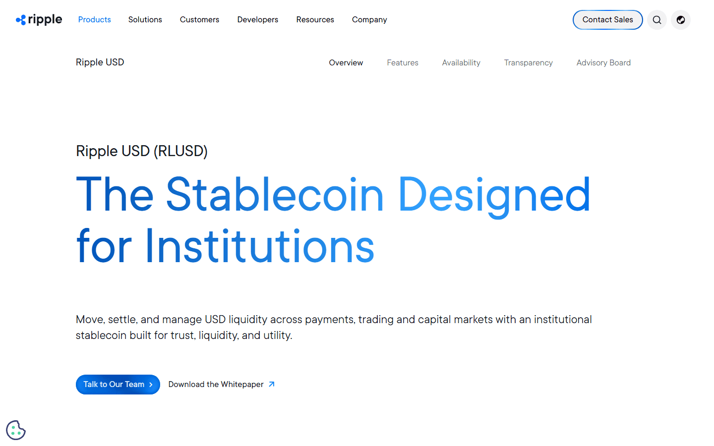 หน้า Ripple USD (RLUSD) บน ripple.com ข้อความ The Stablecoin Designed for Institutions และคำอธิบายว่าเป็น stablecoin สำหรับสถาบันที่ใช้เคลื่อนย้ายและชำระสภาพคล่องดอลลาร์สหรัฐ