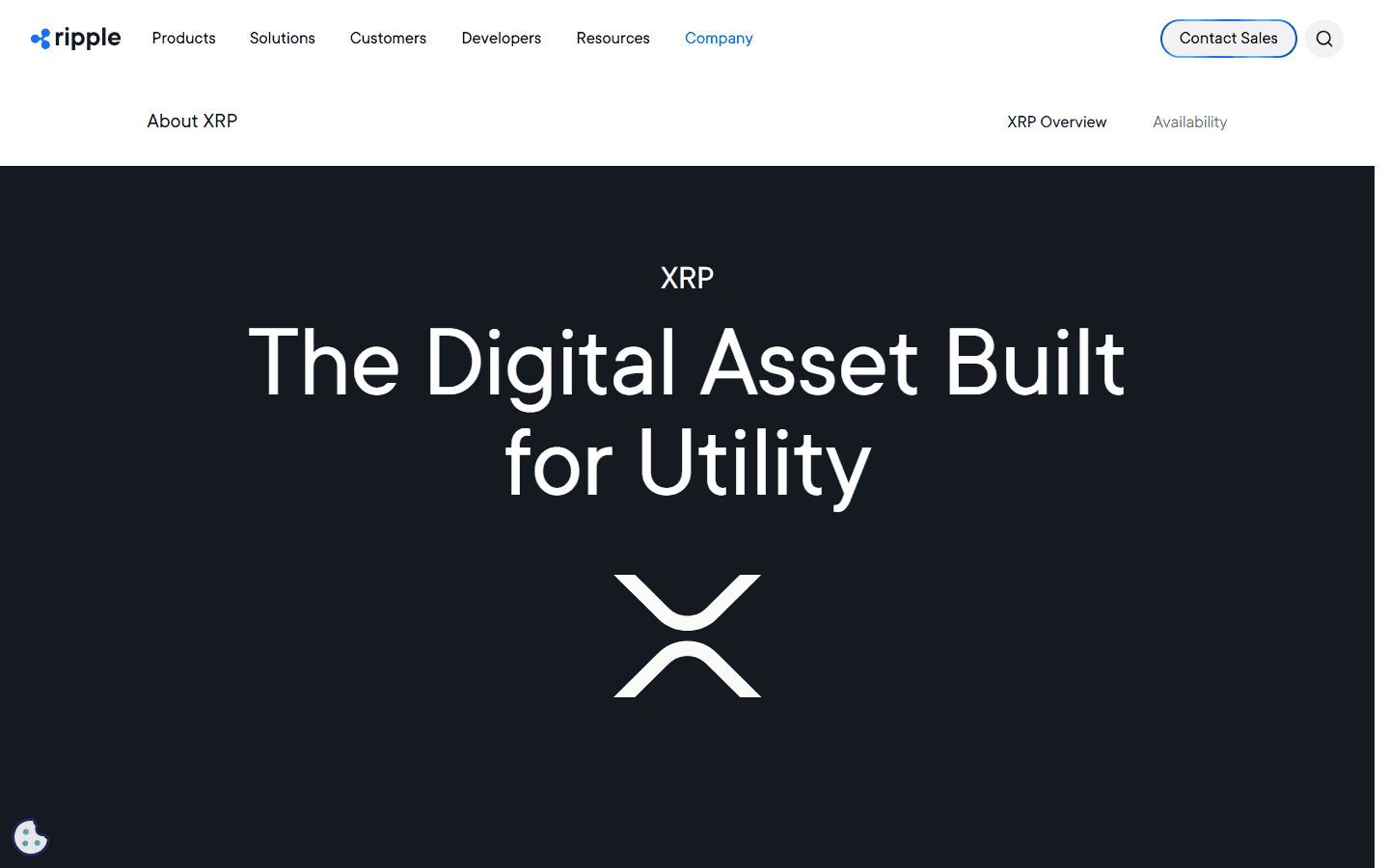 หน้า About XRP บน ripple.com ข้อความ The Digital Asset Built for Utility พร้อมโลโก้ XRP และเมนูย่อย XRP Overview กับ Availability