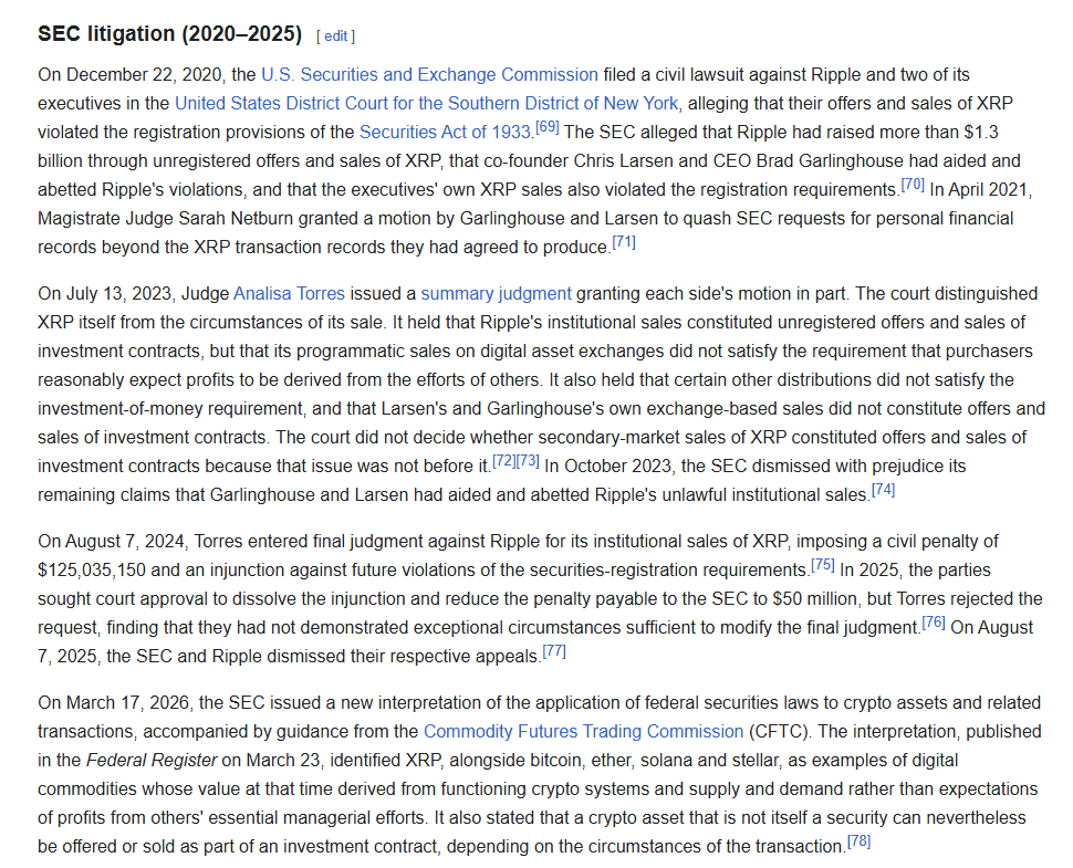 ส่วน SEC litigation (2020-2025) ในบทความ Ripple Labs บน Wikipedia สรุปว่า SEC ฟ้อง Ripple เมื่อ 22 ธันวาคม 2020 คำพิพากษาโดยสรุปวันที่ 13 กรกฎาคม 2023 คำพิพากษาสุดท้ายวันที่ 7 สิงหาคม 2024 ปรับ 125,035,150 ดอลลาร์ และทั้งสองฝ่ายถอนอุทธรณ์ของตนวันที่ 7 สิงหาคม 2025