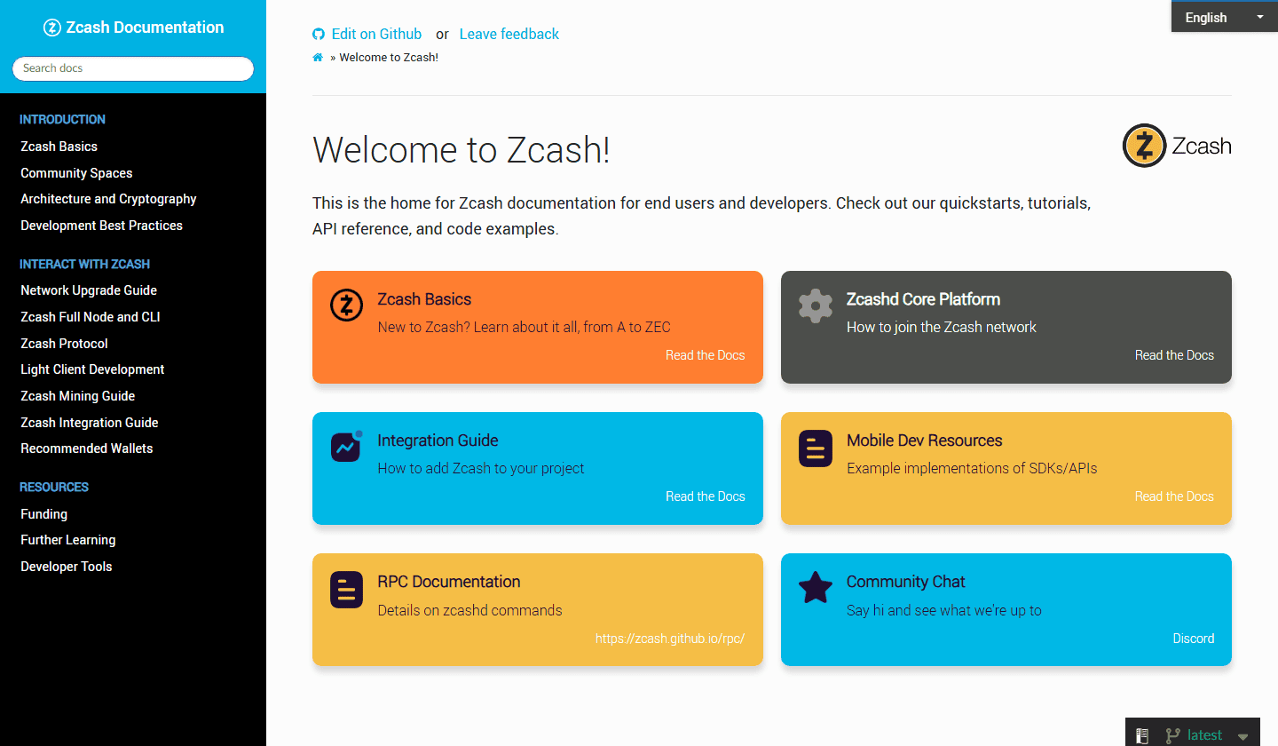 หน้าแรก Zcash Documentation หัวข้อ Welcome to Zcash! มีหมวด Zcash Basics, Zcashd Core Platform, Integration Guide และ RPC Documentation