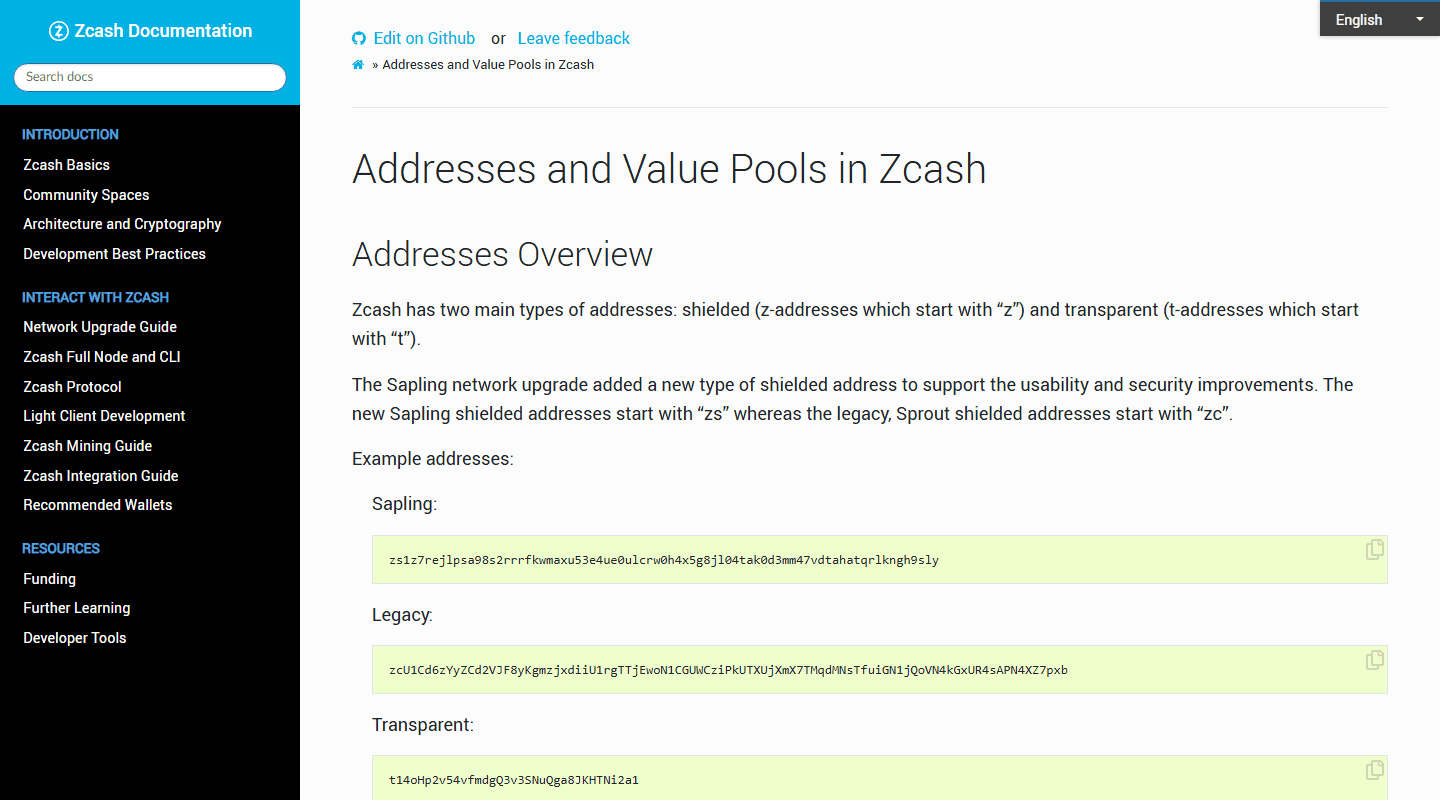 หน้า Addresses and Value Pools in Zcash ในเอกสารทางการ zcash.readthedocs.io อธิบายว่า Zcash มีที่อยู่สองประเภทหลัก คือ shielded (z-address ขึ้นต้นด้วย z) และ transparent (t-address ขึ้นต้นด้วย t) พร้อมตัวอย่างที่อยู่แบบ Sapling, Legacy และ Transparent