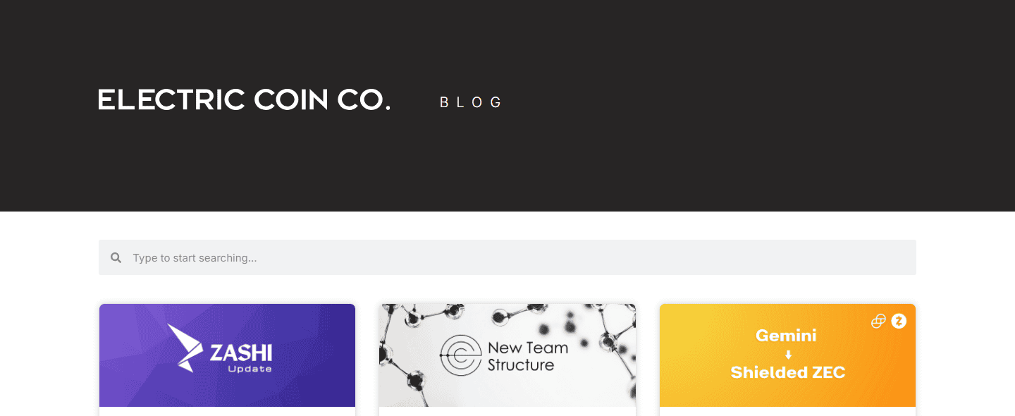 หน้าบล็อกของ Electric Coin Company (electriccoin.co) ช่องค้นหาบทความ และการ์ดบทความล่าสุด 3 ใบ ได้แก่ Zashi Update, New Team Structure และ Gemini กับ Shielded ZEC