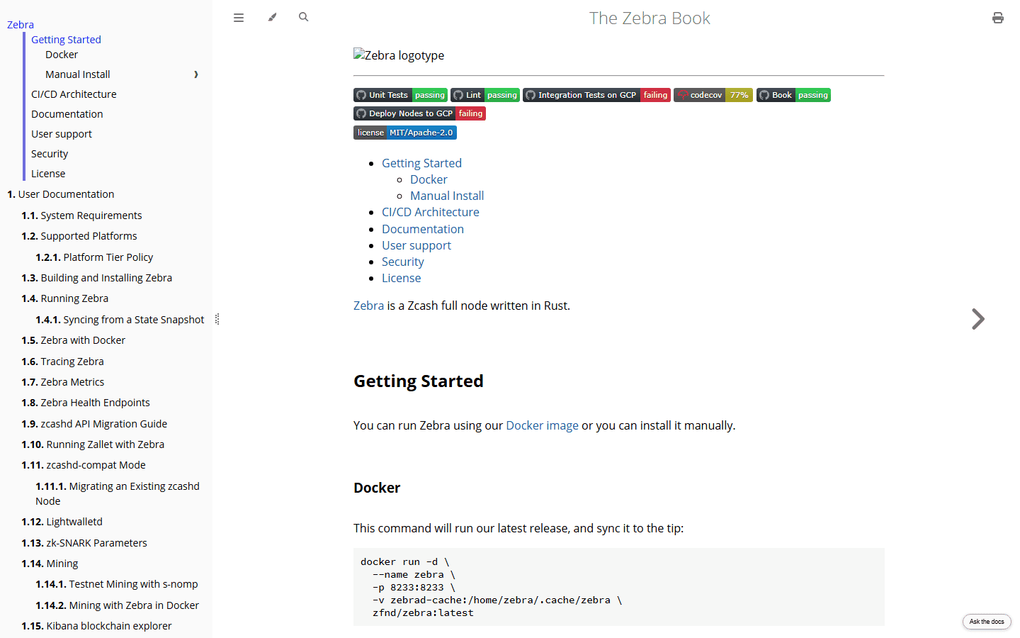 หน้าแรกเอกสาร The Zebra Book ที่ zebra.zfnd.org อธิบายว่า Zebra คือโหนดเต็มรูปแบบของ Zcash ที่เขียนด้วยภาษา Rust พร้อมสารบัญเอกสาร เช่น Getting Started, Running Zebra และ zk-SNARK Parameters