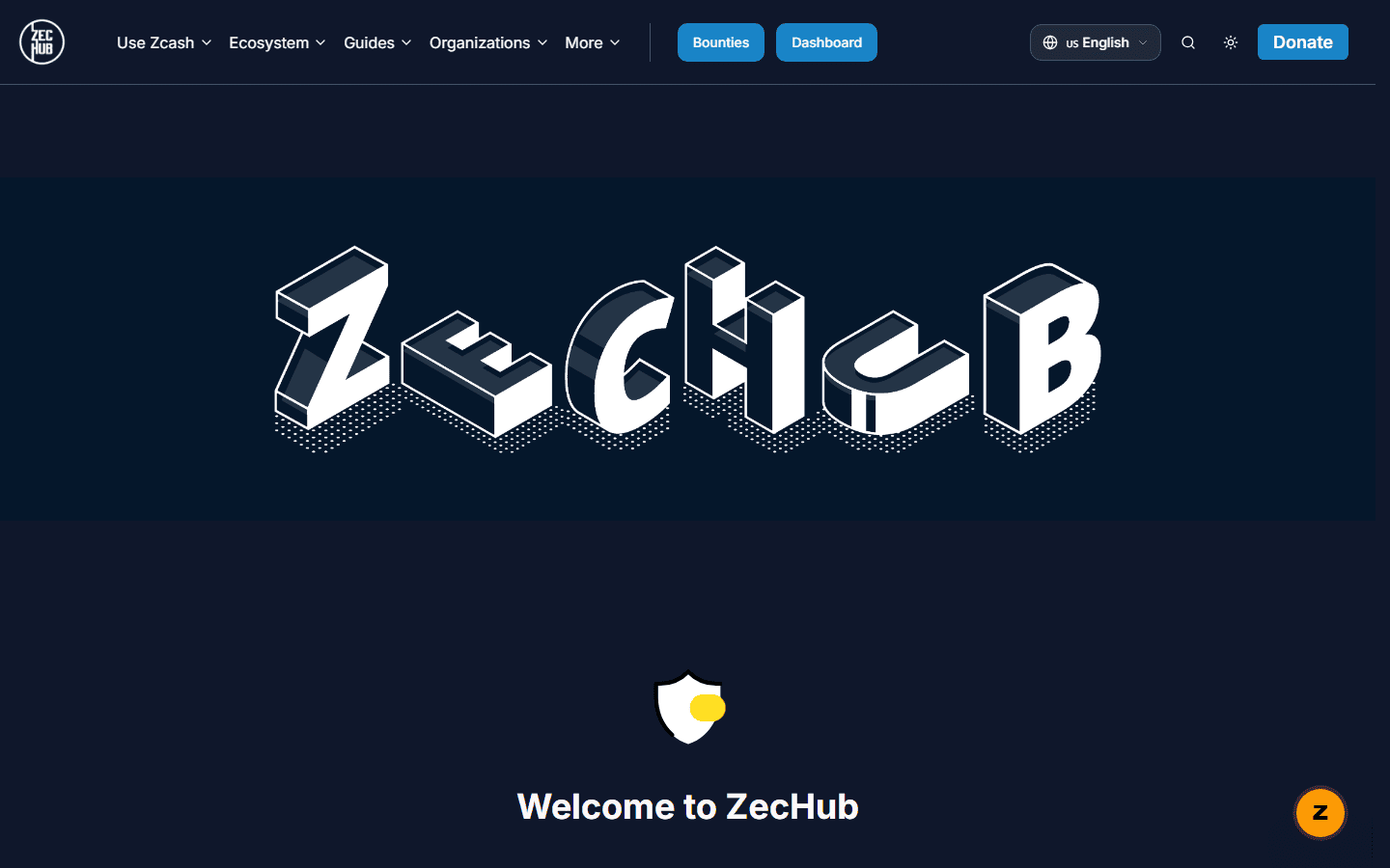 หน้าแรก ZecHub แหล่งรวมความรู้ชุมชน Zcash พร้อมเมนู Use Zcash, Ecosystem, Guides และ Organizations