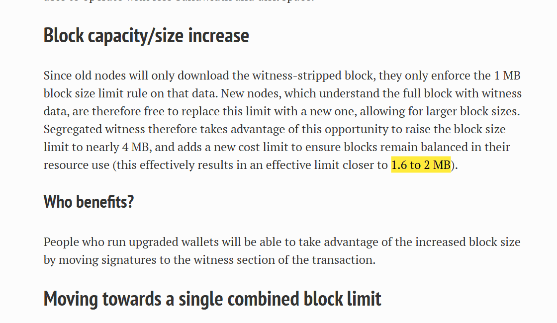 หน้า Segregated Witness Benefits ของ Bitcoin Core หัวข้อ Block capacity/size increase ไฮไลต์ประโยคที่ระบุความจุจริงราว 1.6 ถึง 2 MB