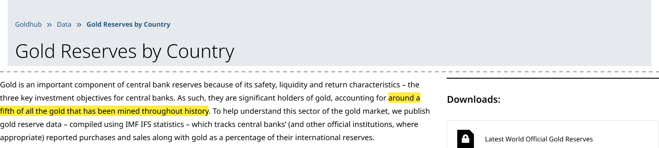 หน้า Gold Reserves by Country ของ World Gold Council ไฮไลต์ประโยคที่ระบุว่าธนาคารกลางถือทองคำราวหนึ่งในห้าของทองคำที่ขุดมาทั้งหมดในประวัติศาสตร์