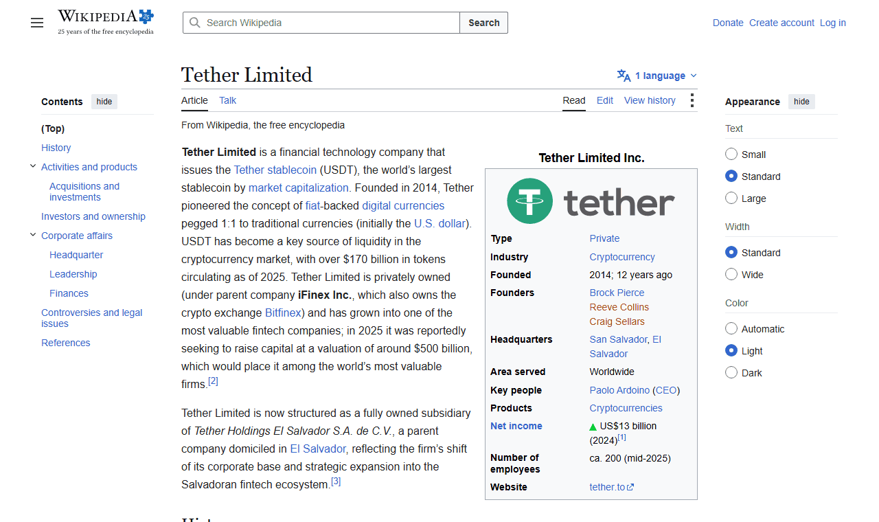 ข้อมูลบริษัท Tether Limited จาก Wikipedia แสดงผู้ก่อตั้ง ซีอีโอ และที่ตั้งบริษัท