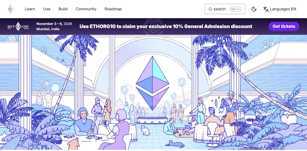 เว็บไซต์ทางการ ethereum.org แพลตฟอร์มรันสัญญาอัจฉริยะที่ Worldcoin ใช้เป็นจุดเทียบ