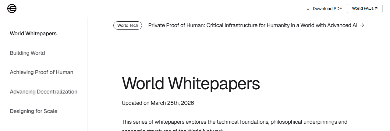 World Whitepapers หน้าทางการอธิบายพื้นฐานเทคนิคและเศรษฐศาสตร์ของ World Network